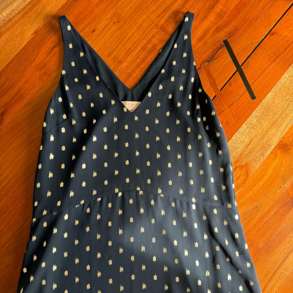 Ted Baker Printed Navy Blue Metallic-Dot High low Dress - Picture 5 of 13